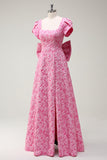 Fuchsia A-Line Square Neck Bow Back Brocade Floral Long Prom Dress with Slit