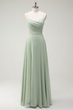 Dusty Sage A-Line Spaghetti Straps Chiffon Pleated Long Bridesmaid Dress