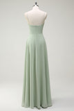 Dusty Sage A-Line Spaghetti Straps Chiffon Pleated Long Bridesmaid Dress