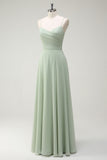 Dusty Sage A-Line Spaghetti Straps Chiffon Pleated Long Bridesmaid Dress