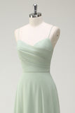 Dusty Sage A-Line Spaghetti Straps Chiffon Pleated Long Bridesmaid Dress