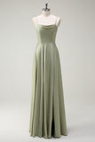 Dusty Sage A Line Spaghetti Straps Satin Long Bridesmaid Dress