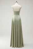 Dusty Sage A Line Spaghetti Straps Satin Long Bridesmaid Dress