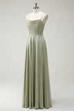 Dusty Sage A Line Spaghetti Straps Satin Long Bridesmaid Dress