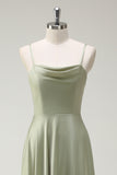 Dusty Sage A Line Spaghetti Straps Satin Long Bridesmaid Dress