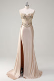 Sparkly Champagne Strapless Mermaid Streamer Sequin Corset Long Prom Dress with Slit