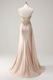 Sparkly Champagne Strapless Mermaid Streamer Sequin Corset Long Prom Dress with Slit