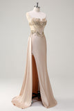 Sparkly Champagne Strapless Mermaid Streamer Sequin Corset Long Prom Dress with Slit