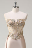 Sparkly Champagne Strapless Mermaid Streamer Sequin Corset Long Prom Dress with Slit