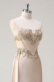 Sparkly Champagne Strapless Mermaid Streamer Sequin Corset Long Prom Dress with Slit