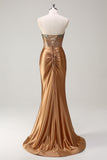 Brown Mermaid Sweetheart Beaded Ruched Long Prom Dress with Slit