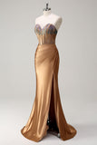 Brown Mermaid Sweetheart Beaded Ruched Long Prom Dress with Slit