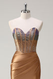 Brown Mermaid Sweetheart Beaded Ruched Long Prom Dress with Slit