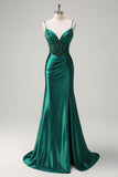 Sparkly Dark Green Mermaid Ruched Corset Beaded Prom Dress with Slit