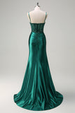 Sparkly Dark Green Mermaid Ruched Corset Beaded Prom Dress with Slit