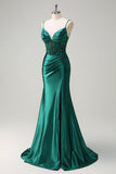 Sparkly Dark Green Mermaid Ruched Corset Beaded Prom Dress with Slit