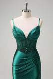 Sparkly Dark Green Mermaid Ruched Corset Beaded Prom Dress with Slit