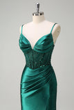 Sparkly Dark Green Mermaid Ruched Corset Beaded Prom Dress with Slit