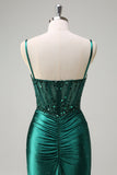 Sparkly Dark Green Mermaid Ruched Corset Beaded Prom Dress with Slit