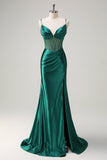 Sparkly Dark Green Mermaid Spaghetti Straps Corset Beaded Long Prom Dress with Slit