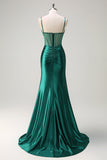 Sparkly Dark Green Mermaid Spaghetti Straps Corset Beaded Long Prom Dress with Slit