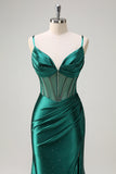 Sparkly Dark Green Mermaid Spaghetti Straps Corset Beaded Long Prom Dress with Slit