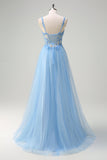 Sparkly Blue A-Line Lace Up Back Sheer Corset Long Prom Dress with Slit