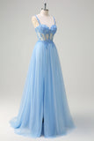 Sparkly Blue A-Line Lace Up Back Sheer Corset Long Prom Dress with Slit