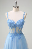 Sparkly Blue A-Line Lace Up Back Sheer Corset Long Prom Dress with Slit