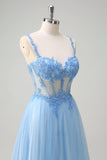 Sparkly Blue A-Line Lace Up Back Sheer Corset Long Prom Dress with Slit