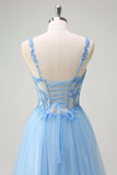 Sparkly Blue A-Line Lace Up Back Sheer Corset Long Prom Dress with Slit