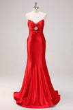 Red Strapless Cut Out Ruched Long Open Back Mermaid Prom Dress with Bows