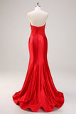 Red Strapless Cut Out Ruched Long Open Back Mermaid Prom Dress with Bows