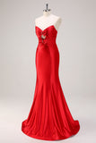 Red Strapless Cut Out Ruched Long Open Back Mermaid Prom Dress with Bows