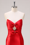 Red Strapless Cut Out Ruched Long Open Back Mermaid Prom Dress with Bows