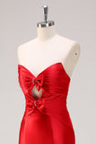 Red Strapless Cut Out Ruched Long Open Back Mermaid Prom Dress with Bows