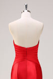 Red Strapless Cut Out Ruched Long Open Back Mermaid Prom Dress with Bows