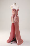 Blush Mermaid Spaghetti Straps Beaded Metallic Long Prom Dress with Slit