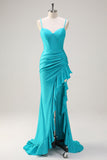 Glitter Blue Mermaid Spaghetti Straps Ruched Corset Prom Dress with Ruffle Slit