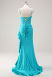 Glitter Blue Mermaid Spaghetti Straps Ruched Corset Prom Dress with Ruffle Slit