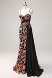 Glitter Black Flower Mermaid Watteau Train Sequin Corset Long Prom Dress with Slit