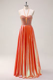 Sparkly A-Line Orange Halter Beaded Metallic Long Prom Dress with Lace Up back