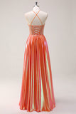 Sparkly A-Line Orange Halter Beaded Metallic Long Prom Dress with Lace Up back