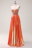 Sparkly A-Line Orange Halter Beaded Metallic Long Prom Dress with Lace Up back