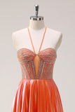 Sparkly A-Line Orange Halter Beaded Metallic Long Prom Dress with Lace Up back