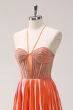 Sparkly A-Line Orange Halter Beaded Metallic Long Prom Dress with Lace Up back