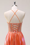 Sparkly A-Line Orange Halter Beaded Metallic Long Prom Dress with Lace Up back