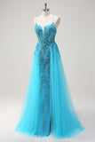 Sparkly Blue Mermaid Spaghetti Straps Side Cape Sequin Long Prom Dress with Slit