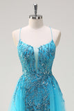 Sparkly Blue Mermaid Spaghetti Straps Side Cape Sequin Long Prom Dress with Slit