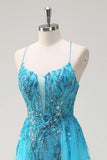 Sparkly Blue Mermaid Spaghetti Straps Side Cape Sequin Long Prom Dress with Slit